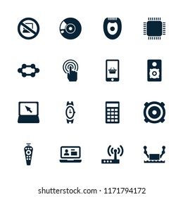 Electronic icon. collection of 16 electronic filled icons such as wrist watch, remote control, laptop, calculator, robot, cpu. editable electronic icons for web and mobile.