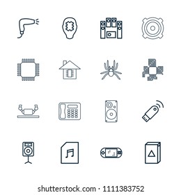 Electronic icon. collection of 16 electronic outline icons such as hair dryer, washing machine, cpu in head, loud speaker set. editable electronic icons for web and mobile.