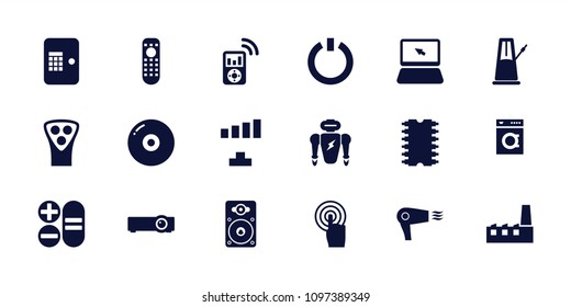Electronic icon. collection of 18 electronic filled icons such as signal, disc, touchscreen, loudspeaker, cpu, switch off. editable electronic icons for web and mobile.
