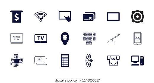 Electronic icon. collection of 18 electronic filled and outline icons such as tv, finger on tablet, calculator, burst, pc. editable electronic icons for web and mobile.