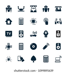 Electronic icon. collection of 25 electronic filled icons such as spider, atm money withdraw, disc, tv, touchscreen, speaker. editable electronic icons for web and mobile.