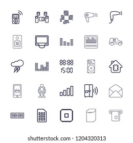 Electronic icon. collection of 25 electronic outline icons such as hair dryer, cpu, cpu in house, display, equalizer. editable electronic icons for web and mobile.