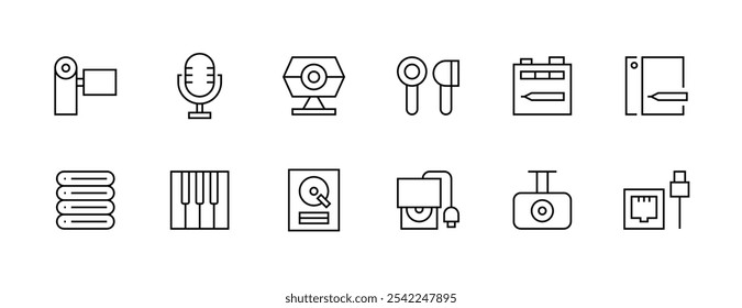 Electronic icon collection. Device icon set. Accessories, gadget, camera, cable, microphone, tablet, storage, hard drive and more. Editable stroke. Pixel Perfect. Grid base 32px.