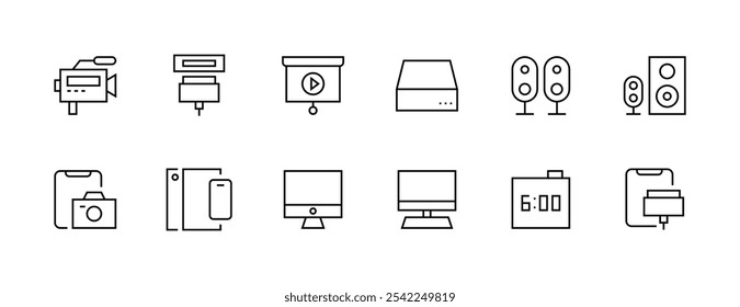 Electronic icon collection. Devices icon set. Accessories, gadget, smartphone, storage, plug, tablet, camera, clock and more. Editable stroke. Pixel Perfect. Grid base 32px.