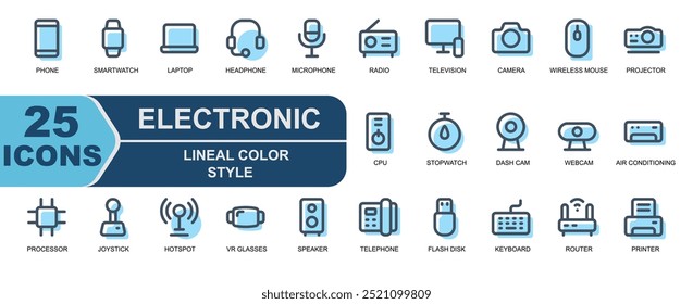 colección de iconos electrónicos. Estilo de color de linel. Contiene micrófono, radio, televisor, TV inteligente, cámara, foto, mouse, mouse inalámbrico, proyector, CPU, computadora, procesador, chipset, joystick, juego, hotspot, wifi.
