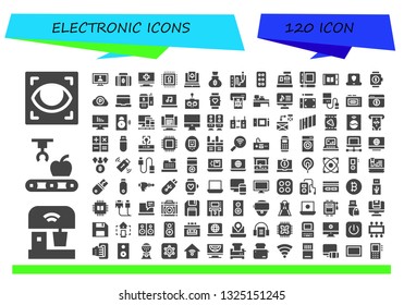 electronic icon set. 120 filled electronic icons.  Simple modern icons about  - Eye scan, Mixer, Mechanical arm, Monitor, Bitcoin, Computer, Chip, Laptop, Drawing tablet, Tablet