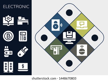 electronic icon set. 13 filled electronic icons.  Collection Of - Computer, Speakers, Laptop, Usb, Bitcoin, Calculator, Ebook, Cash machine, Speaker, Atm, Washing machine