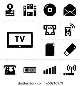 Electronic icon. set of 13 filled electronicicons such as atm money withdraw, washing machine, envelope, loud speaker set, usb drive, signal, mp3 player, tv, router