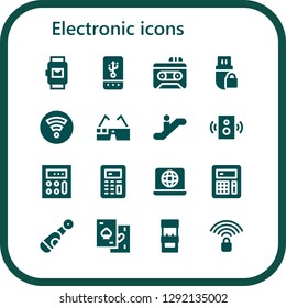  electronic icon set. 16 filled electronic icons. Simple modern icons about  - Smartwatch, Tablet, Recorder, Pendrive, Wifi, Virtual glasses, Escalator, Speaker, Calculator, Laptop