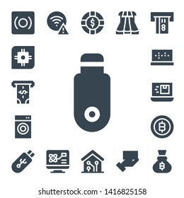 electronic icon set. 17 filled electronic icons.  Collection Of - Record, Cpu, Atm, Pendrive, Washing machine, Laptop, Bitcoin, Wifi, Computer, Chip, Smart home, Sliders, Payment method