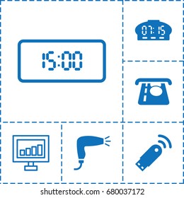 Electronic icon. set of 6 electronic filled and outline icons such as hair dryer, atm money withdraw, usb signal, digital clock