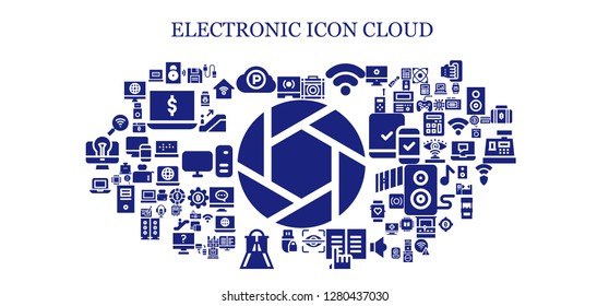  electronic icon set. 93 filled electronic icons. Simple modern icons about  - Shutter, Touch screen, Speaker, Pc cloud, Amplifier, Wifi signal, Eye scan, Ebook, Pendrive, Slider