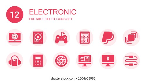 electronic icon set. Collection of 12 filled electronic icons included Laptop, Hard disc, Gamepad, Calculator, Paypal, Audiobook, Shutter, Computer, Hidrive, Connector