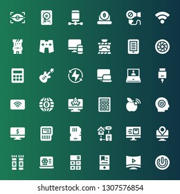 electronic icon set. Collection of 36 filled electronic icons included Power, Smart tv, Ebook, Calculator, Laptop, Ink cartridge, Computer, Smart home, Memory card, Sd card, Wifi signal