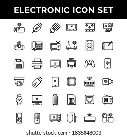 electronic icon set include power bank,Port,lamp,Projector,telephone,television,storage,printer,laptop,camera,flash drive,smart phone,computer,music player,microwave,cooking stove,router