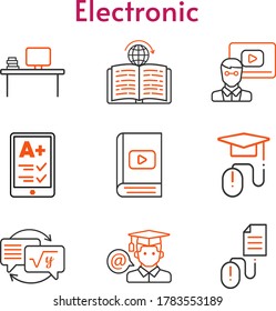 electronic icon set. included e-reader, desktop, teacher, e-book, homework, student, e-learning, learning, click icons. bicolor styles.