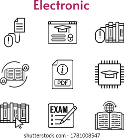 conjunto de iconos electrónicos. comentarios incluidos, examen, chip, libros, pdf, libro, aprendizaje, inicio de sesión, clic en iconos. estilos lineales.