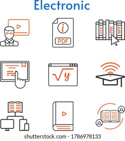 electronic icon set. included feedback, teacher, pdf, cap, ebook, school, maths, book, touchscreen icons. bicolor styles.