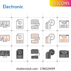 electronic icon set. included pdf, instructor, test, homework, login icons on white background. linear, bicolor, filled styles.