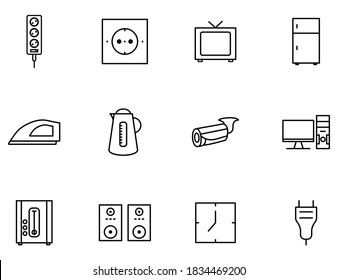 electronic icon set with outline style vector for your web design, logo, UI. illustration.Set includes icons as power strip,cctv,wall clock, fridge, computer desktop.etc