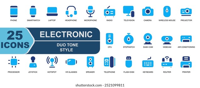 elektronische Icon set.duo Ton style.contains Uhr, Laptop, Kopfhörer, Kopfhörer, Mikrofon, Mikrofon, Radio, Fernsehen, Smart TV, Kamera.
