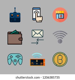 electronic icon set. vector set about email, wallet, bitcoin and game controller icons set.