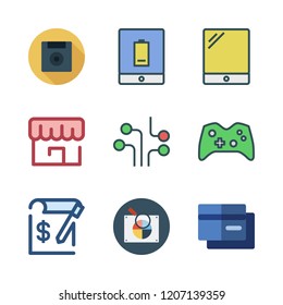 electronic icon set. vector set about invoice, store, tablet and game controller icons set.