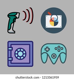 electronic icon set. vector set about rgb, barcode scanner, game controller and safebox icons set.