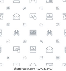 electronic icons pattern seamless white background. Included editable line finger on tablet, loud speaker with equalizer, desk phone icons. electronic icons for web and mobile.