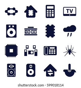 electronic icons set. Set of 16 electronic filled icons such as spider, TV, loudspeaker, desk phone, home connection, speaker, audio system, calculator, thunderstorm, robot