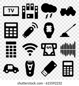 Electronic icons set. set of 16 electronic filled icons such as electric razor, ATM money withdraw, arm lever, loud speaker set, equalizer, usb drive, thunderstorm, wi-fi