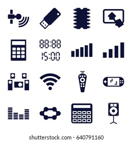Electronic icons set. set of 16 electronic filled icons such as calculator, remote control, equalizer, loudspeaker, usb drive, cpu, home on tablet, signal, audio system, wi-fi