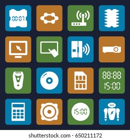 Electronic icons set. set of 16 electronic filled icons such as electric razor, finger on tablet, speaker, cpu, intercom, sim card, router, digital time, digital clock, robot