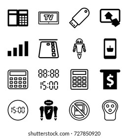 Electronic icons set. set of 16 electronic filled and outline icons such as home on tablet, signal, digital time, robot, no laptop, electric razor, calculator, flash drive, tv