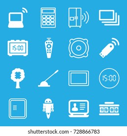 Electronic icons set. set of 16 electronic filled and outline icons such as laptop, remote control, arm lever, burst, usb signal, robot, digital clock, cpu in tree, atm