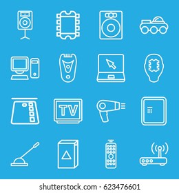 Electronic icons set. set of 16 electronic outline icons such as atm, hair dryer, electric razor, washing machine, TV, laptop, arm lever, loudspeaker, remote control, router