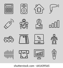 Electronic icons set. set of 16 electronic outline icons such as hair dryer, atm money withdraw, signal, remote control, laptop, speaker, equalizer, usb signal, robot