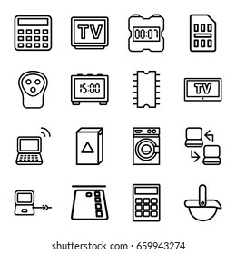 Electronic icons set. set of 16 electronic outline icons such as laptop connection, electric razor, washing machine, calculator, tv, laptop, cpu, sim card, robot