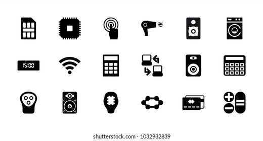 Electronic icons. set of 18 editable filled electronic icons: electric razor, washing machine, calculator, credit card, cpu, cpu in head, touchscreen, loudspeaker, wi-fi