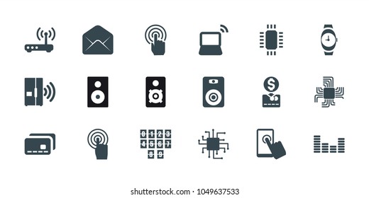 Electronic icons. set of 18 editable filled electronic icons: cpu, touchscreen, laptop, equalizer, router, intercom, digital clock, wrist watch, put money on card, speaker