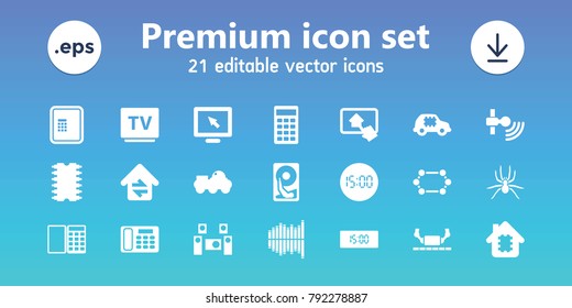Electronic icons. set of 21 editable filled electronic icons includes atm, display, cpu in house, cpu in car, tv, equalizer, signal, calculator, desk phone, home connection