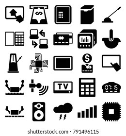 Electronic icons. set of 25 editable filled electronic icons such as atm, finger on tablet, credit card, calculator, cpu, robot, tablet, speaker, arm lever
