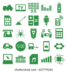 Electronic icons set. set of 25 electronic filled icons such as spider, tv, laptop connection, electric razor, atm money withdraw, laptop, arm lever, equalizer