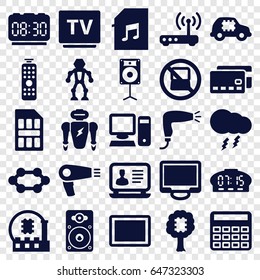 Electronic icons set. set of 25 electronic filled icons such as no laptop, hair dryer, calculator, laptop, tv, tablet, display, loudspeaker, memory card with music
