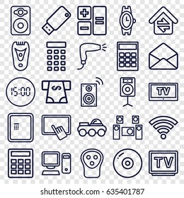 Electronic icons set. set of 25 electronic outline icons such as atm, hair dryer, wrist watch, electric razor, finger on tablet, atm money withdraw, tv, speaker, envelope