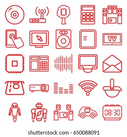 Electronic icons set. set of 25 electronic outline icons such as atm, atm money withdraw, display, envelope, loud speaker set, equalizer, audio system, wi-fi, tv, router