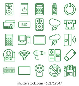 Electronic icons set. set of 25 electronic outline icons such as no laptop, hair dryer, electric razor, atm money withdraw, tablet, speaker, loud speaker set, loudspeaker