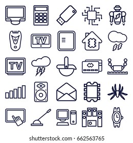 Electronic icons set. set of 25 electronic outline icons such as tv, atm, spider, wrist watch, electric razor, finger on tablet, display, envelope, arm lever, loud speaker set