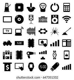 Electronic icons set. set of 36 electronic filled icons such as spider, hair dryer, wrist watch, electric razor, finger on tablet, signal, laptop, arm lever, loud speaker set