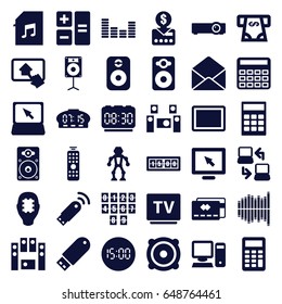 Electronic icons set. set of 36 electronic filled icons such as atm money withdraw, calculator, tv, tablet, laptop, speaker, envelope, loud speaker set, flash drive, equalizer